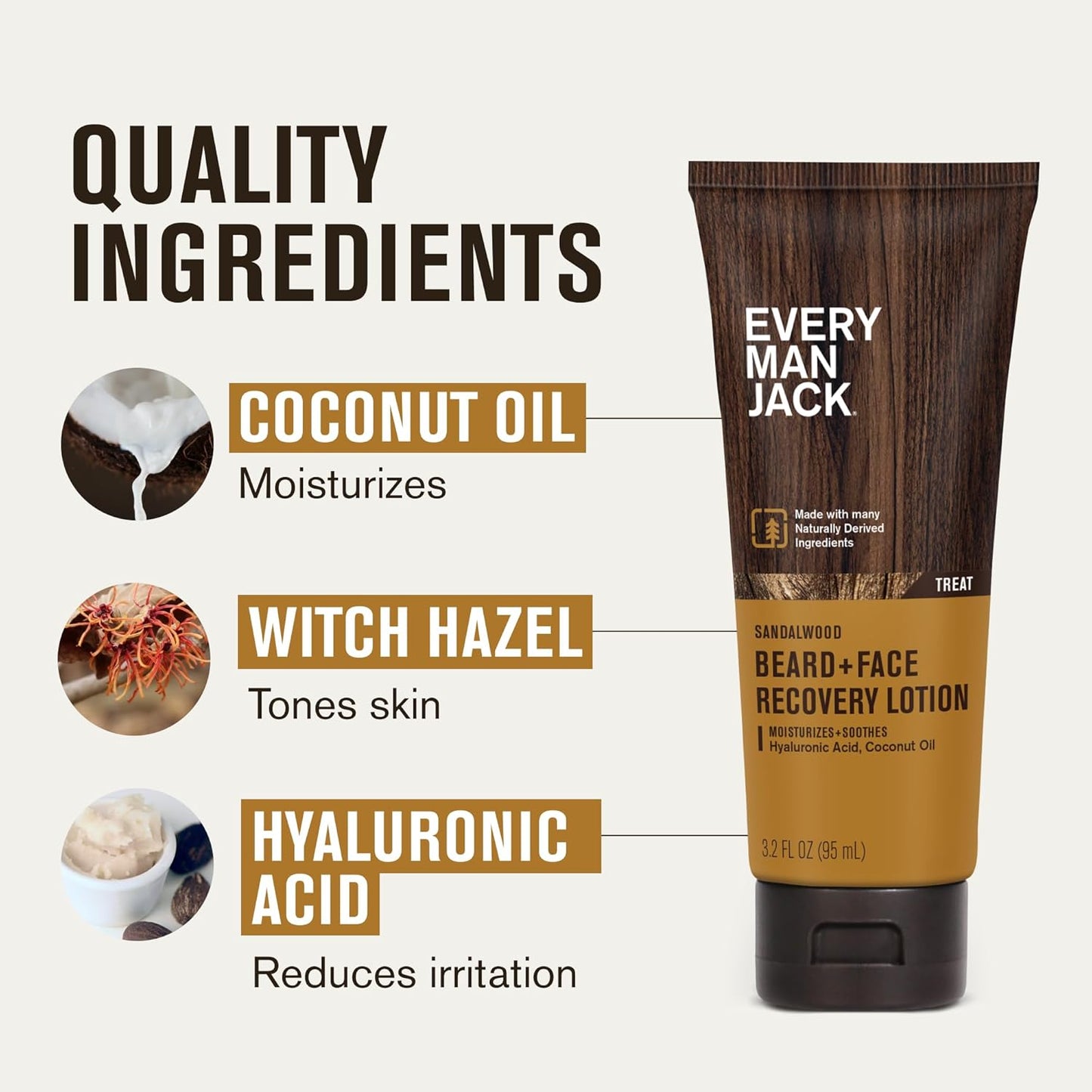 Every Man Jack Beard + Face Recovery Lotion-Moisturizes Relieves Dry Skin and Beard Itch - Light Sandalwood Scent-Made w/Naturally Derived Ingredients like Coconut Oil, and Witch Hazel-3.2oz(2 pack)