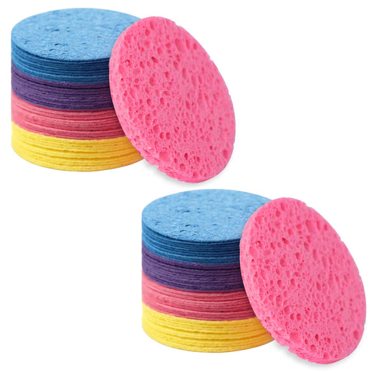 100-Count Facial Sponges - Natural Cellulose, Round Shape - Face Cleansing, Exfoliating, Makeup Removal - Blue, Yellow, Purple, Pink
