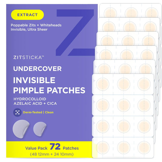 ZitSticka Invisible Pimple Patches for Face, Hydrocolloid Patches, Ultra-Thin Clear Azelaic Acid & CICA Blemish Patches, Pimple Stickers (UNDERCOVER 72ct)