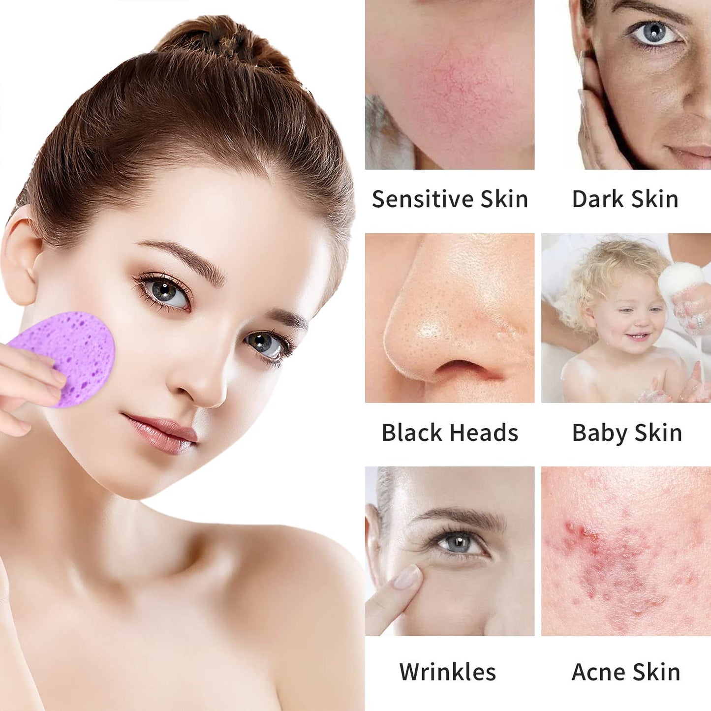 100-Count Facial Sponges Compressed Natural Cellulose Sponge Round Shape Face Sponge for Face Cleansing Exfoliating and Makeup Removal, Purple