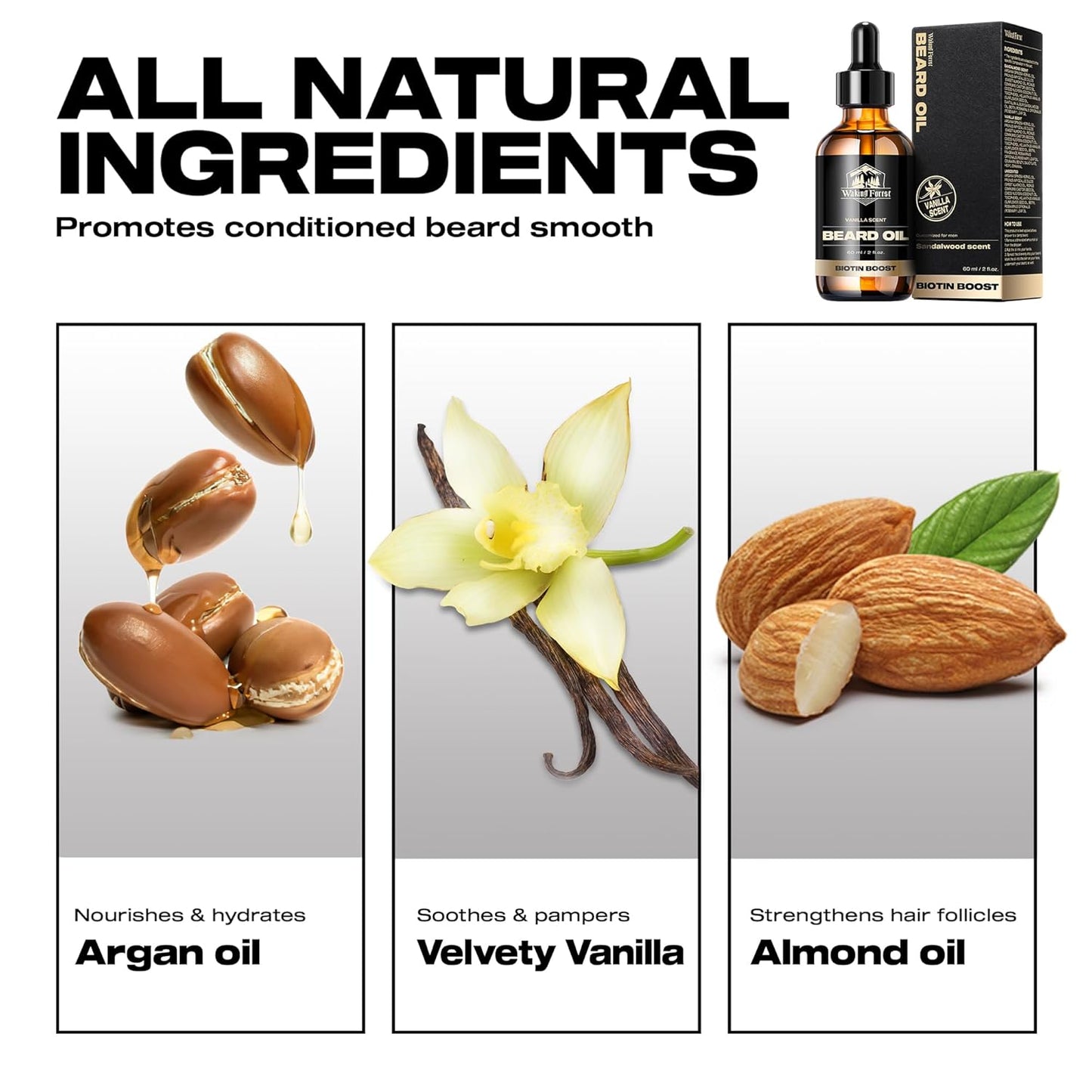 Waking Forest Beard Oil - 60ml Vanilla Biotin Beard Oil for Men Thicker Beard with Vitamin E, Rosemary, Castor Mustache Oil for Black Men, Softens & Strengthens Beard Care Oil