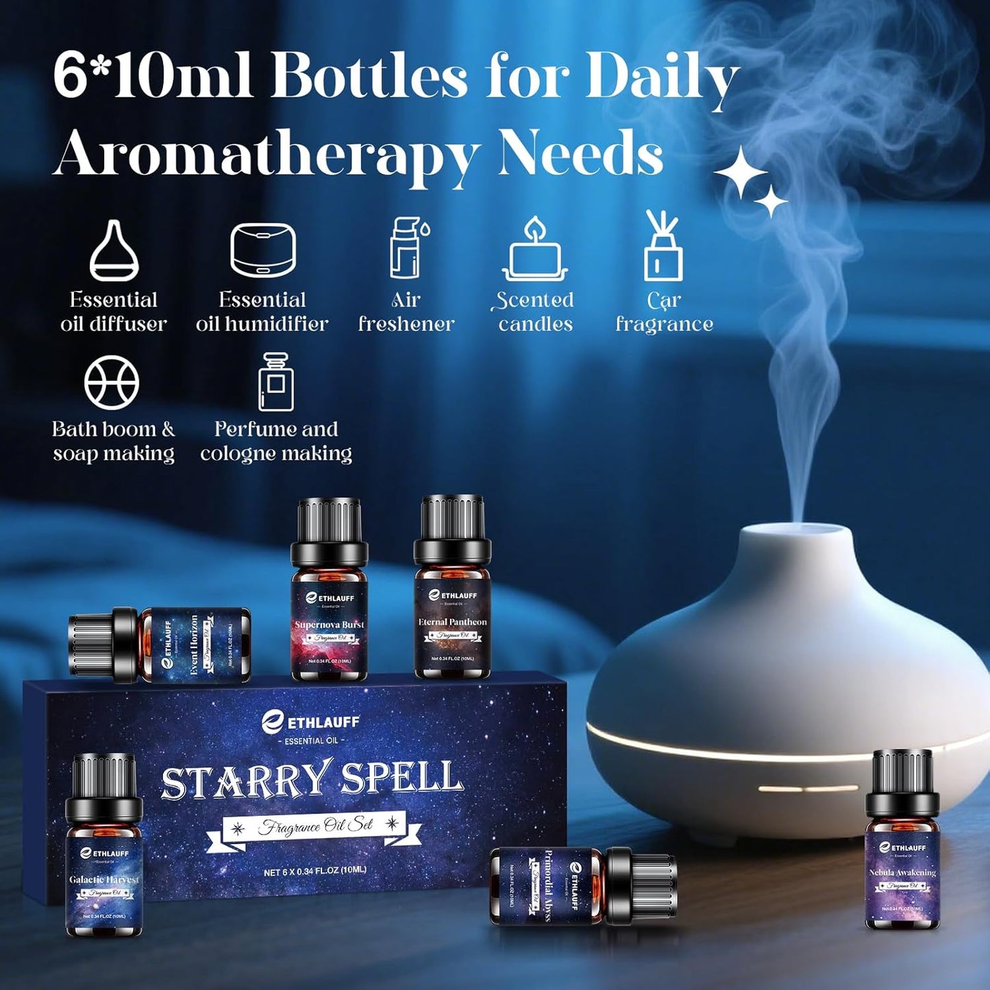 Essential Oil Blends, Starry Spell Essential Oil Set for Diffusers for Home, Humidifiers, Candle Making, Magical Aromatherapy Blends - Stress Relief, Calm Mind, Relax, Meditate, 6x10ml