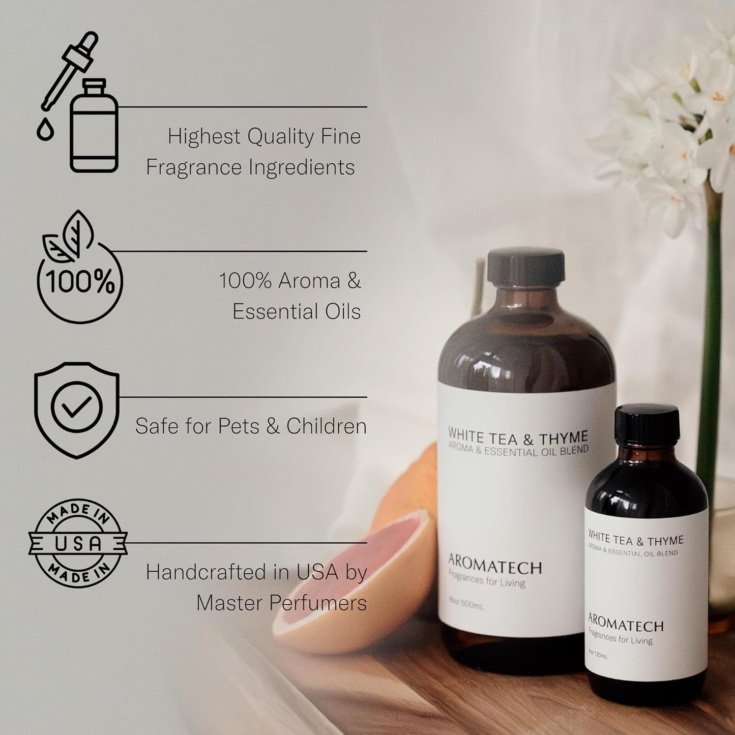 AromaTech White Tea and Thyme Aroma Essential Oil Blend: Luxury Hotel Inspired Aromatherapy with Tea Leaf, Fresh Thyme & Amber for Ultrasonic Diffusers & Nebulizers - 0.3 fl oz, 10 mL