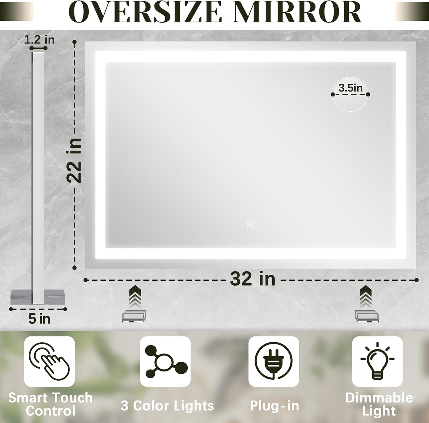 32x 22 Inch Large Lighted Vanity Mirror with Dimmable 3 Modes, LED Makeup Mirror for Bathroom ＆ Dressing Room, Tabletop or Wall-Mounted, White