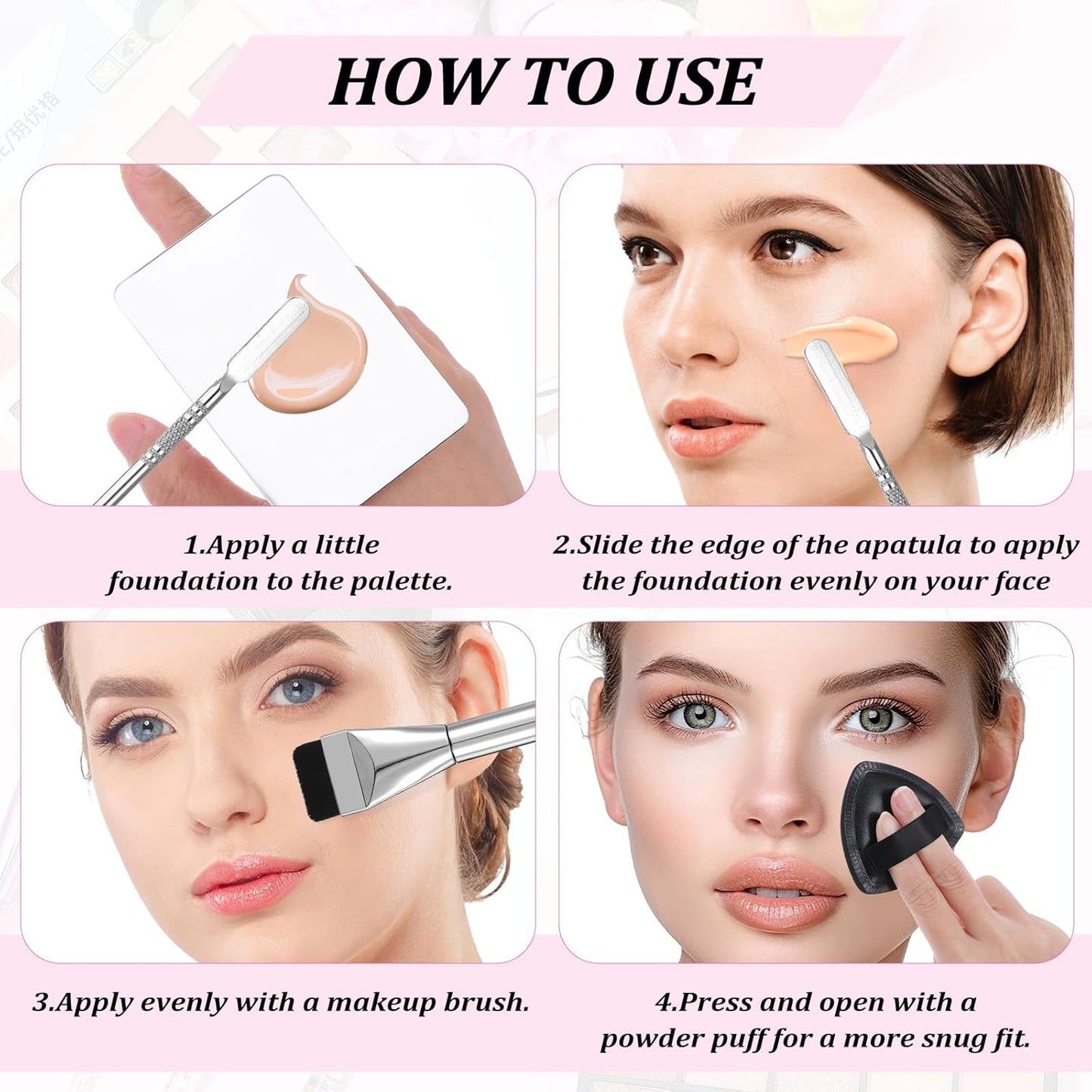 4 Pcs Makeup Foundation Mixing Palette Set Including Make Up Spatula, Makeup Brush, Palette Tray, Powder Puff, Foundation Makeup Mixing Palette, Makeup Palette Tray (Stainless Steel)
