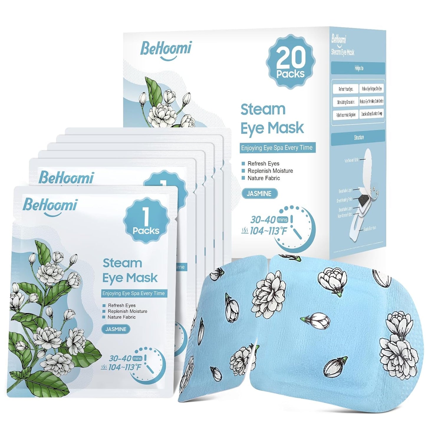 Steam Eye Mask, 20 Packs Heated Eye Mask Warm Compress for Eyes, Disposable Self Heating Eye Mask for Sleep, Spa, Travel Essentials & Relaxation Gifts for Women, Men (Jasmine)