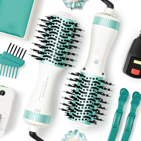 Dual Voltage Travel Hair Dryer Brush 4-IN-1 Portable Mini Hot Air Blow Dryer Straightener & Curler Brush, Titanium Round Blowout Styler Volumizer Tools, 110/240V US/EU/UK Plug for International Travel