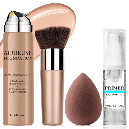 AirBrush Foundation Spray With Primer and Brush, Silky Mist Foundation Spray Makeup, Full Coverage Foundation for Smooth Radiant Finish, Formula Breathable Lightweight Hydrating(#1 Natural)