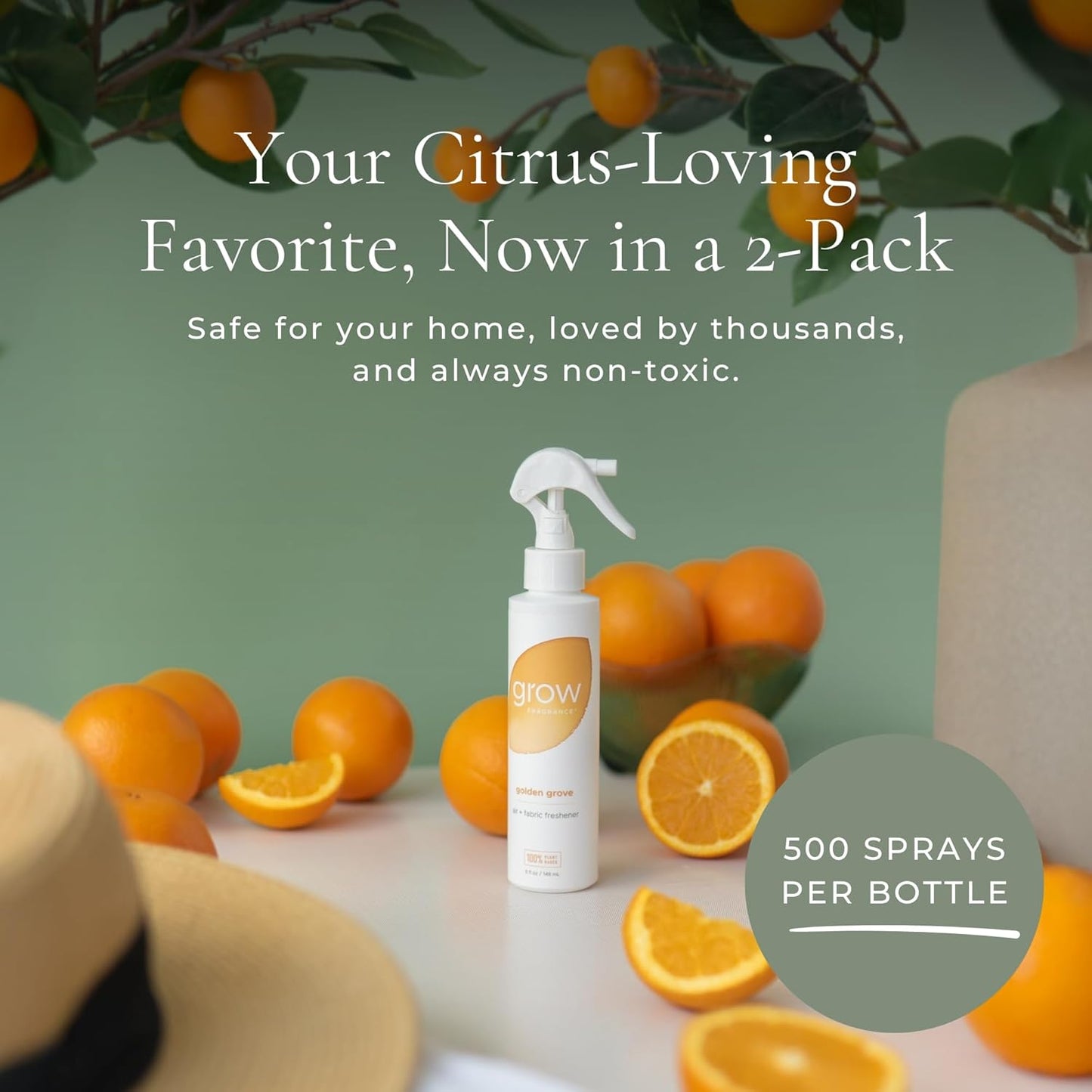 Grow Fragrance 100% Plant-Based Air Freshener Spray | Freshen Fabric & Rooms | Golden Grove Scent - Citrus, Fruits, Watery Green Notes | Made with Natural Essential Oils - 2 Pack, 5 oz each
