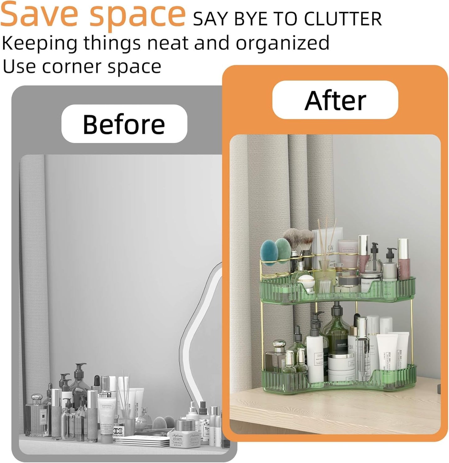 2 Tier Corner Bathroom Organizer Countertop, Vanity Makeup Organizer with Brush Holder, Space-Saving Skincare Storage Corner Shelf for Bathroom, Dressing Table, Kitchen