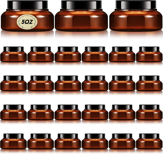 Tessco 24 Pack Plastic Jars with Lids Labels Empty Clear Plastic Jars Round Refillable Cosmetic Containers Body Butter Containers Bulk Sugar Scrub Bottle for Make Up(5 oz,Brown)