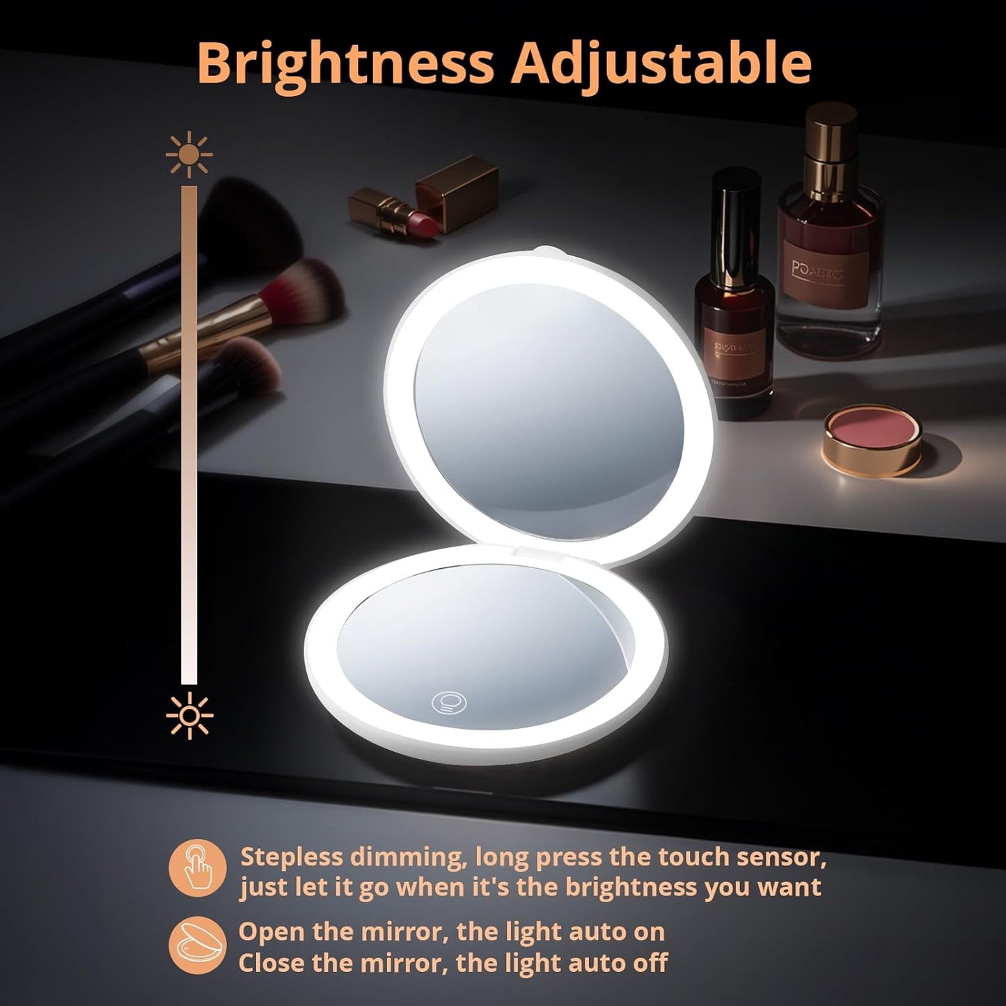 Fabuday Travel Compact Magnifying Makeup Mirror with Lights - Large 4.8'' Wide Led Lighted Portable Mirror with 1x/20x Magnification, Rechargeable Small Foldable 3 Color Lighting Mirrors, White