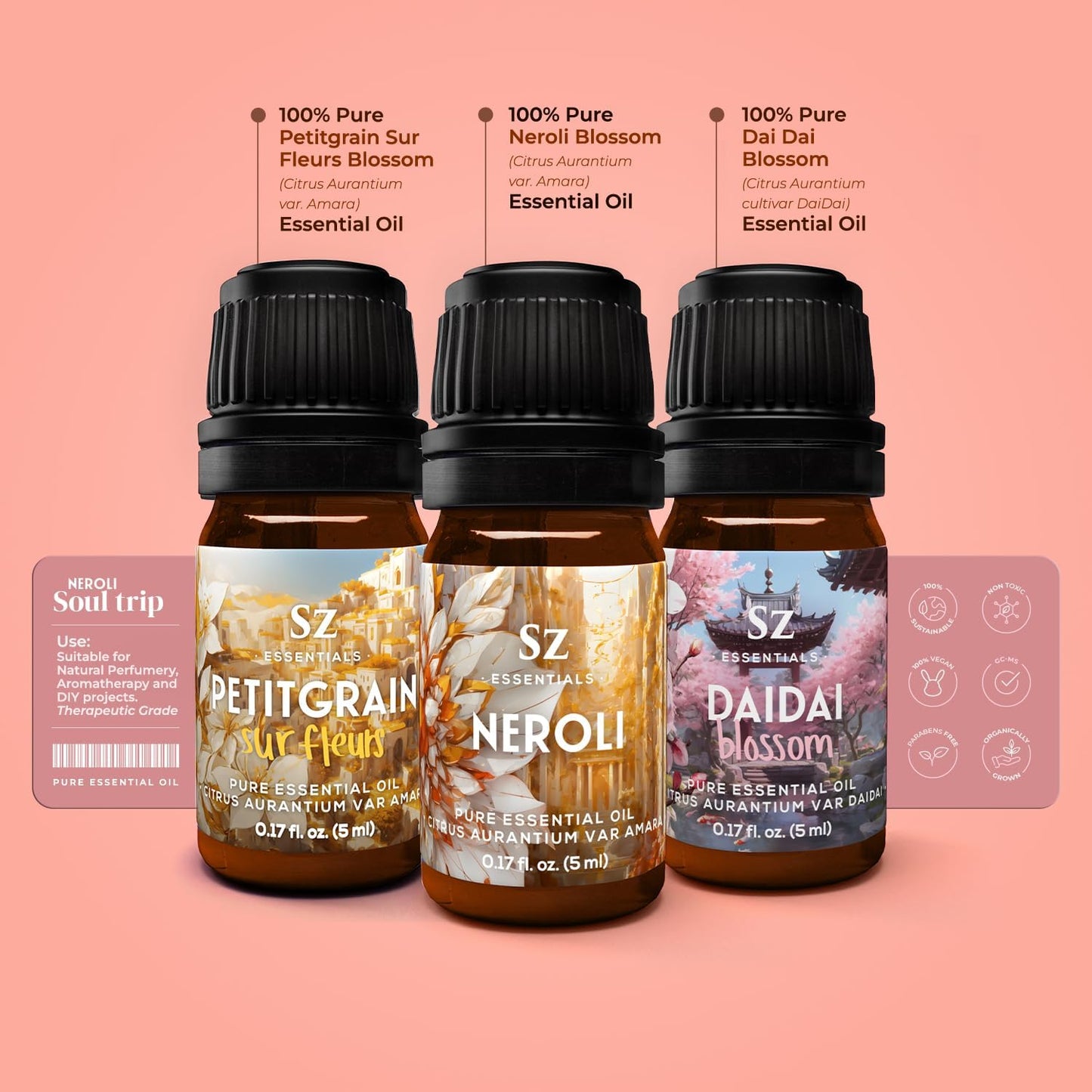 Neroli Soul Trip Essential Oils Collection- Neroli + Petitgrain Sur Fleurs + Dai Dai Blossom -Set of 3 Bottles (0.17 Fl Oz- 5ml each)- 100% Pure & Undiluted - Therapeutic Grade & Vegan