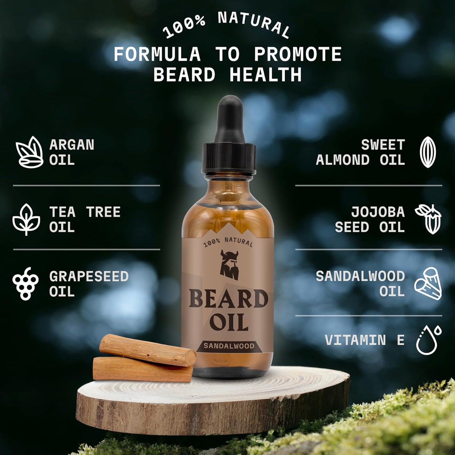 Striking Viking Beard Oil for Men - 2 Fl Oz, 2 Pack, Sandalwood Scent - Naturally Derived Conditioner with Almond, Tea Tree, Argan & Jojoba Oil for Beard Growth, Softening & Moisturizing
