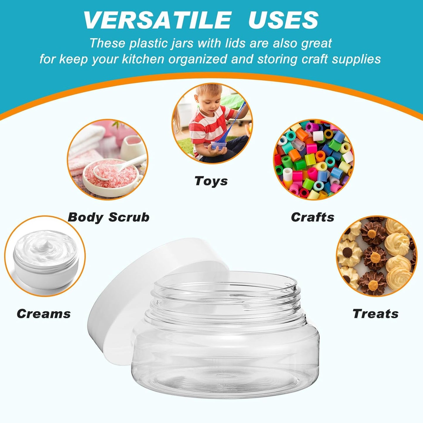 Tessco 24 Pack Plastic Jars with Lids Labels Empty Clear Plastic Jars Round Refillable Cosmetic Containers Body Butter Containers Bulk Sugar Scrub Bottle for Make Up(5 oz,White)