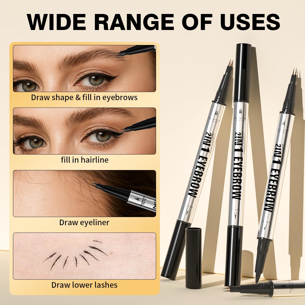 Eyebrow Pencils for Women - Microblading Eyebrow Pencil 2-In-1 Dual-Ended Eyebrow Pen with Precise 2-Fork-Tip & Brush-Tip Waterproof Eyebrow Pencil for Hair-Like Brows, Last All-Day, Black