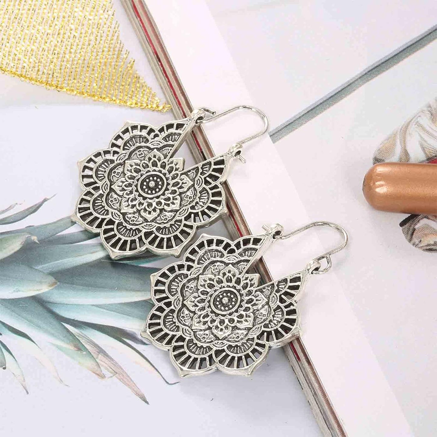 Boho Mandala Flower Earrings Gold Drop Dangle Earrings Tribal Earrings Vintage Ethnic Hoop Earrings Jewelry for Women and Girls