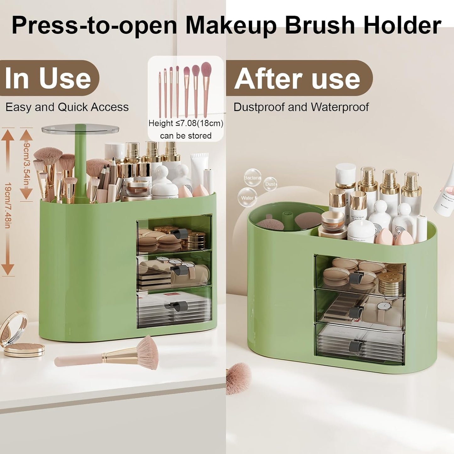 DASITON Makeup Organizer with 3 Drawers,Automatic Lifting Makeup Brush Holder with Lid,Large Capacity Makeup Organizers for Vanity,Bathroom Countertop,Ideal Storage Skin Care,Brushes,Lipstick (Green)