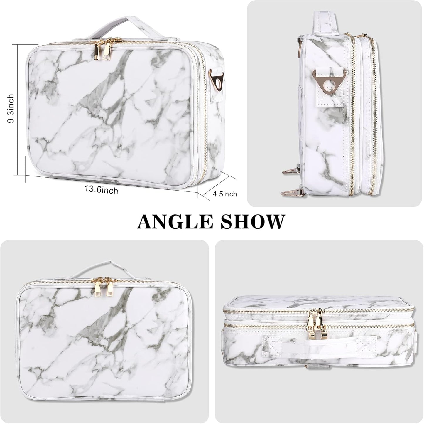 JOURMON Travel Makeup Case 3 Layers Makeup Train Case Marble Makeup Bag Organizer Portable Artist Storage Bag with Adjustable Dividers and Shoulder Strap (Marble white)