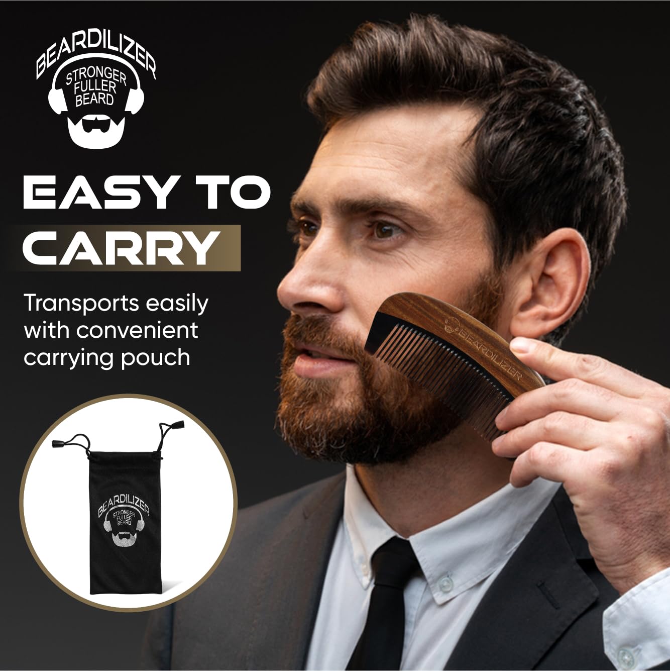 Beardilizer Premium Beard Comb for Men - 100% Natural Black Ox Buffalo Horn & Sandalwood Handle with Carrying Pouch, Professional Anti-Static Fine and Coarse Teeth