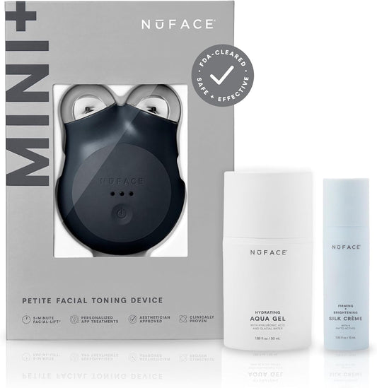 NuFACE MINI+ Microcurrent Facial Device Kit - FDA Cleared Face Sculpting & Skin Tightening Device to Contour, Lift & Tone + Microcurrent Gel Activator & Silk Creme - Midnight Black