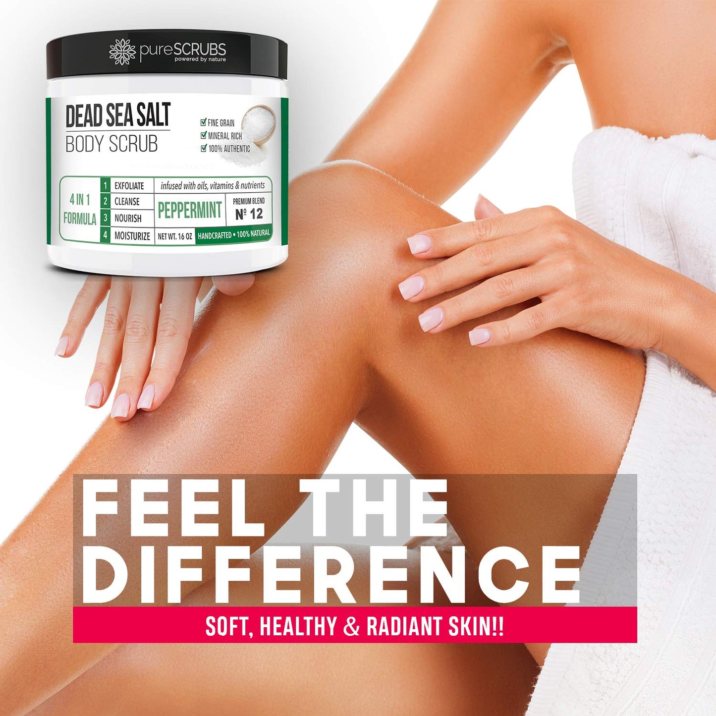 pureSCRUBS Premium Sea Salt Body Scrub Set - Large 16oz Peppermint Scrub With Infused Essential Oils & Nutrients, Includes Wooden Spoon, Loofah & Oatmeal Exfoliating Bar Soap