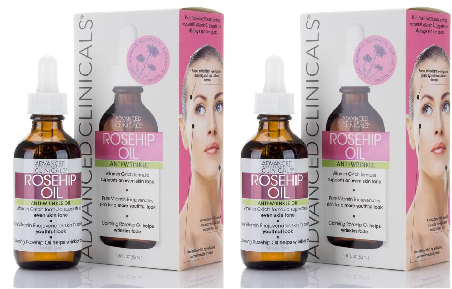 Advanced Clinicals Rosehip Oil Facial Skin Care Serum Moisturizer Face Oil W/Vitamin C & Vitamin E For Reducing Appearance Of Sun Damage Skin, Age Spots, & Wrinkles, 1.8 Fl Oz (Pack of 2)