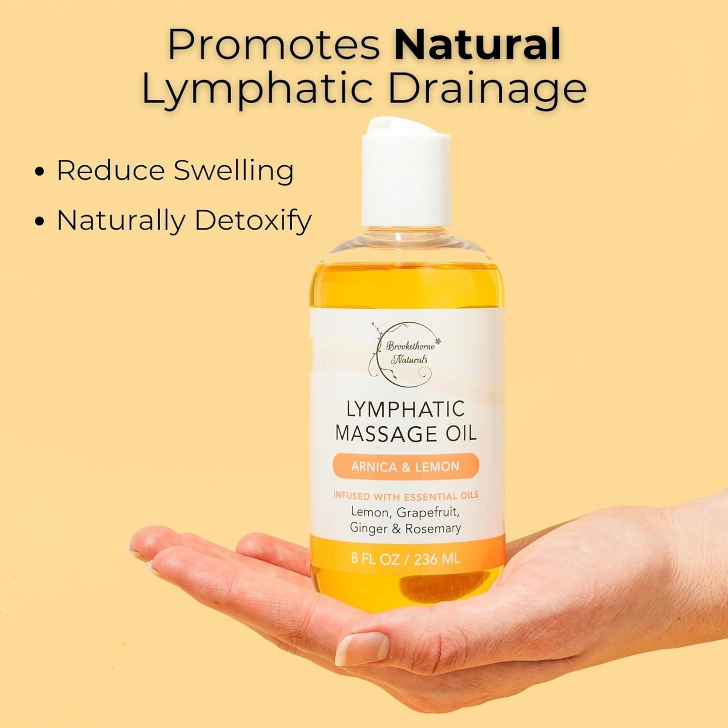 Lymphatic Massage Oil for Massage Therapy | 100% Natural Lymphatic Drainage Oil | Premium Quality with Arnica, Lemon & Ginger | for Post Surgery Recovery & Detox | 8oz by Brookethorne Naturals