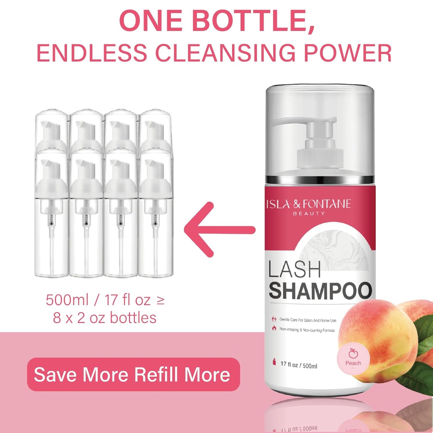 ISLA & FONTANE Lash Shampoo Bulk – Multi-Scent Series – 17 fl oz / 500ml | Gentle Eyelash Cleanser for Lash Extensions | Non-Irritating | Professional Lash Bath Foam For Salon And Home Use (Peach)