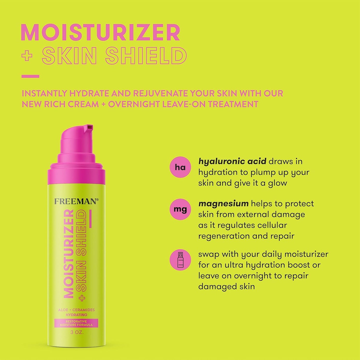 Freeman Restorative Moisturizer + Hydrating Skin Facial Shield, Lightweight Face Serum, Infused With Aloe Vera & Ceramides, Soothes & Calms, Relieves Dry Skin, 3 fl.oz./ 89 mL Bottle (Pack of 2)