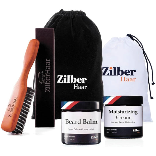 ZilberHaar - Beard Care Kit for Men - 1 Regular Beard Brush + 1 Beard Balm + 1 Moisturizing Cream + 1 Beard Bib - Stiff Boar Bristles and Beech Wood - Supplied in a Velvet Bag