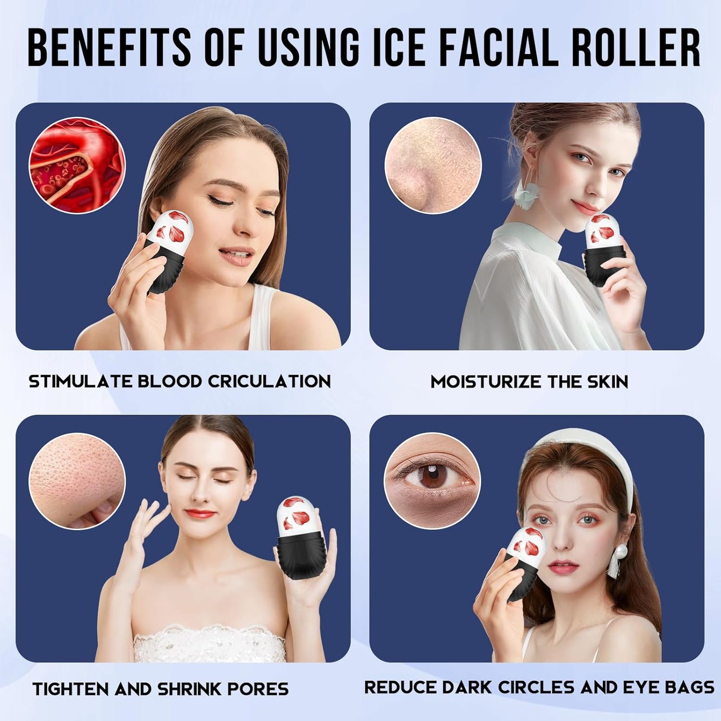 Ice Roller for Face and Eye, Reusable Silicone Ice Facial Roller Ice Holder, Face Ice Mold Skin Care, Ice Cube Roller for Shrink Pores Anti Wrinkle Reduce Puffiness, Black