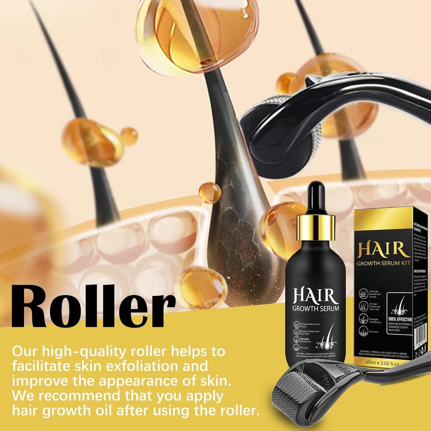 Hair Growth Oil and Derma Roller 0.25mm Scalp Kit, Natural Serum With Biotin, Microneedle Beard Roller for Thicker Longer Fuller Hair and Beard - 2.02 Oz