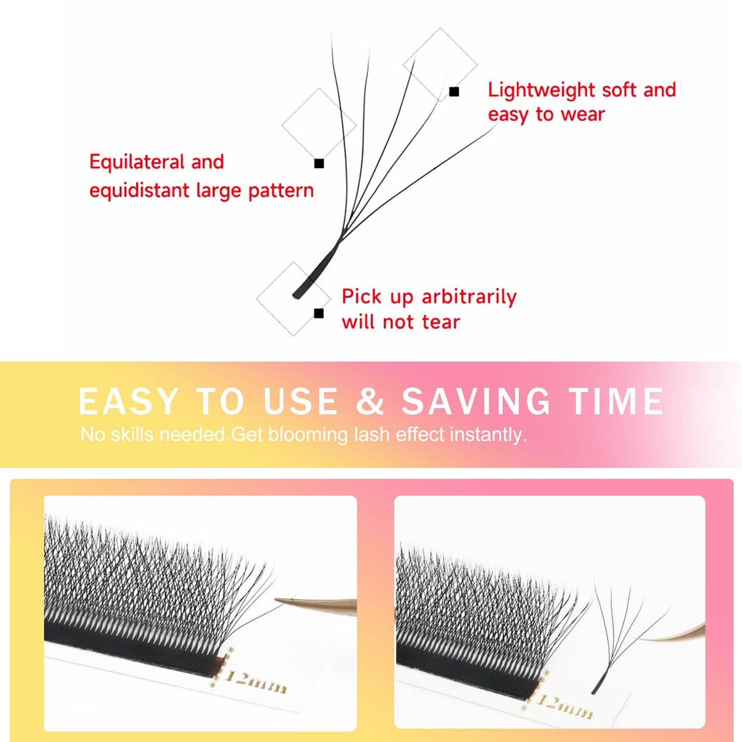 W Lash Extensions Supplies 5D Eyelash Extensions W Shape 0.07mm Thickness C Curl 12mm Premade Fans Easy Fan Lashes Volume Matte Black 12 Rows Crisscross Eye Lashes(W-5D-0.07-C,12mm)