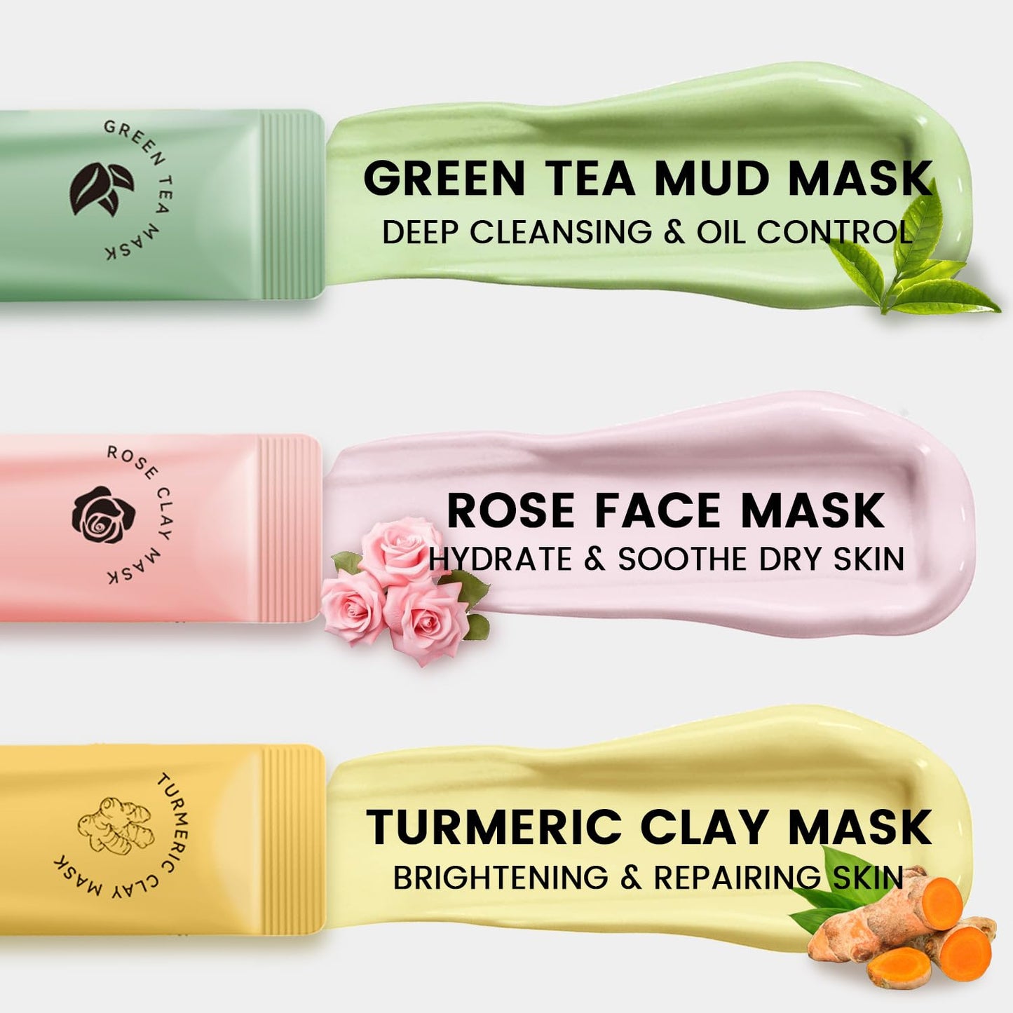 Turmeric Clay Mask, Rose Face Mask & Green Tea Mud Mask 12 PCS - Spa Facial Mask Set Gift for Women & Men, Skin Care Set for Deep Cleansing, Moisturizing, and Refining Pores,Travel-Friendly & Portable