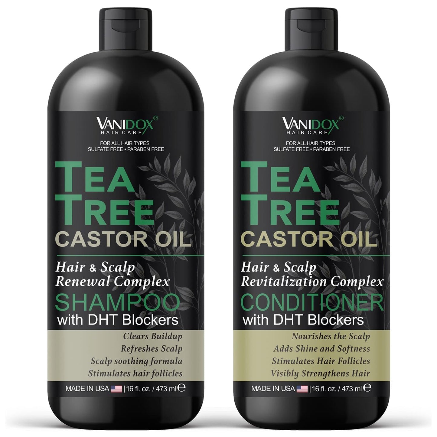 Tea Tree Oil Shampoo and Conditioner Set with Castor Oil, DHT Blockers, Itchy Scalp Relief, Supports Fuller Hair, Cleanses Dandruff & Buildup, For Men & Women, Made in USA, 16 fl oz Each