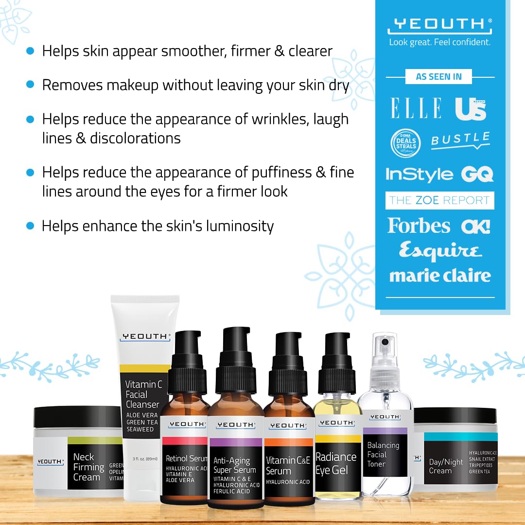 YEOUTH Skin Care Set: Retinol Serum for Face with Hyaluronic Acid, Vitamin C Serum, Face Serum, Cleanser, Toner, Eye Gel, Neck Cream, Face Cream, Gifts for Women & Men, Self Care Routine 8-Piece