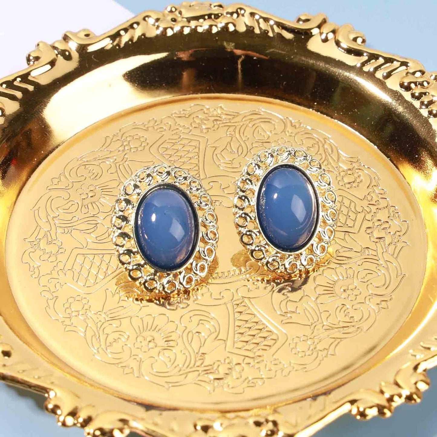 Vintage Oval Blue Gem Earrings Blue Lapis Earrings Antique Halo Oval Earrings Custom Oval Studs Earrings Jewelry for Women and Girls Gifts