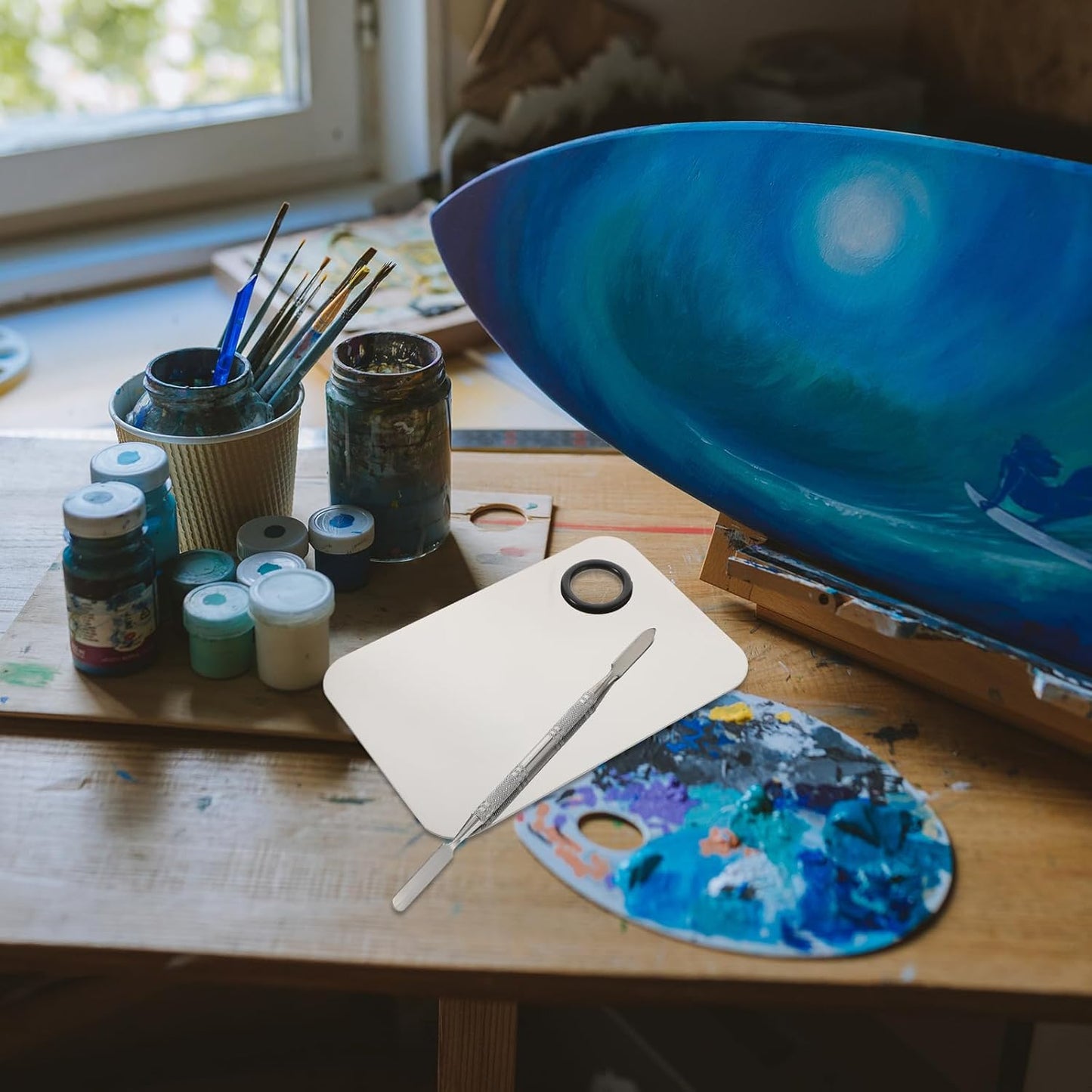 FOMIYES Makeup Palette, Makeup Mixing Palette, Stainless Steel Cosmetic Mixing Tray with Spatula Makeup Artist Tool for Mixing Foundation Nail-Art