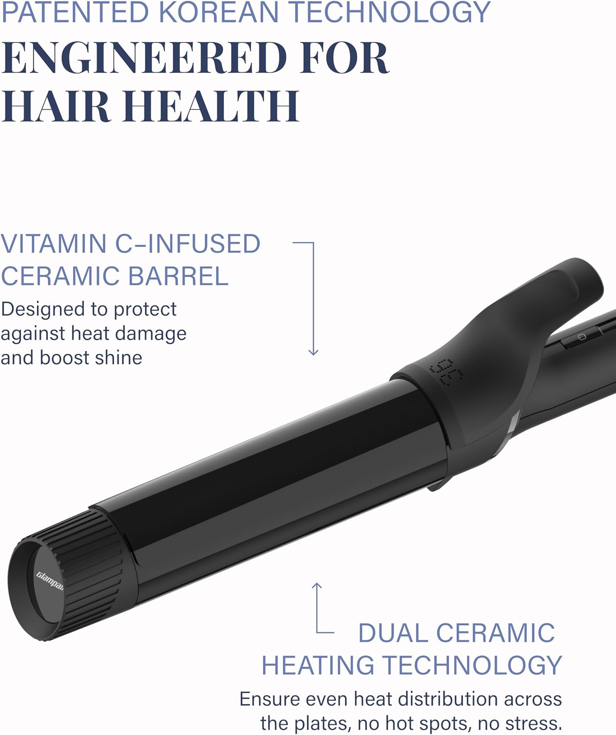 GLAMPALM Professional Curling Iron 1.6" - Long Barrel Ceramic Hair Curler for Women, Korea's No.1 Salon Hot Tool, 5 Temps & 30s Heat-up, 3D Swivel Cord & Dual Voltage, Black (GP628) (1.6")