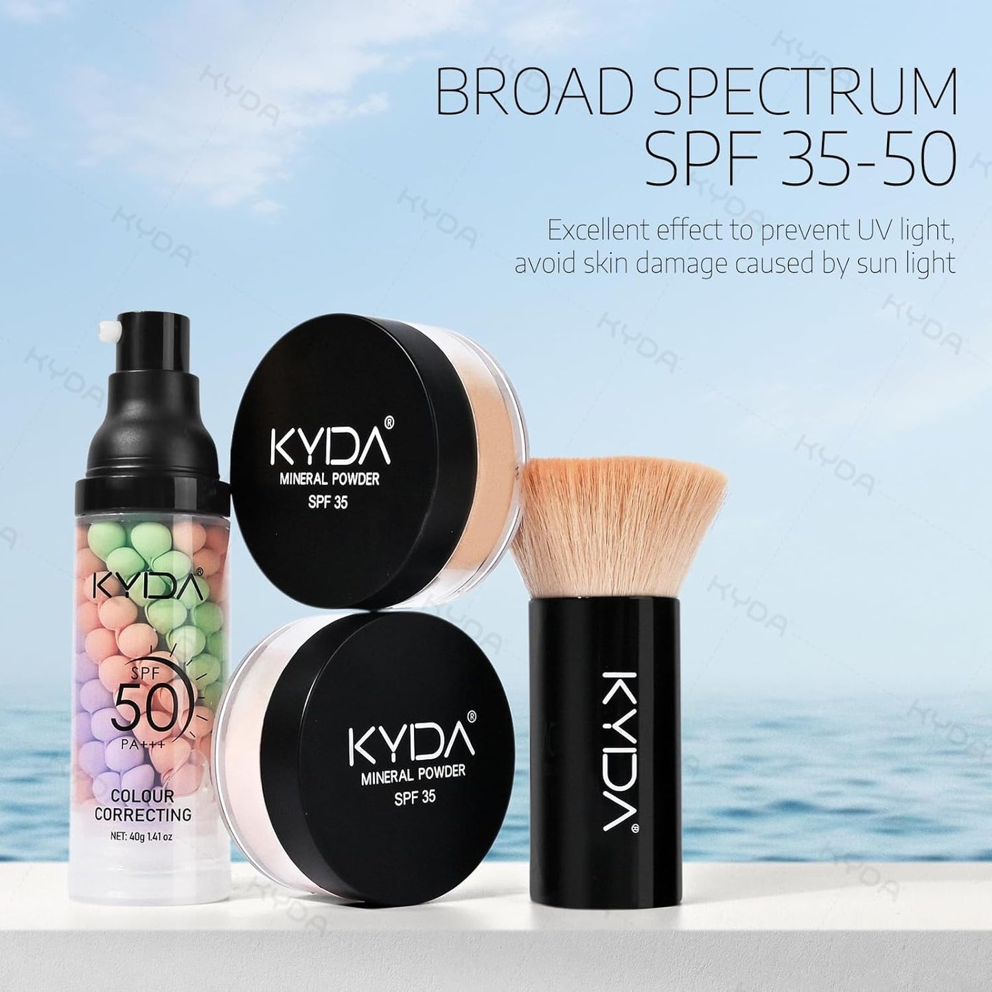 KYDA Mineral Makeup Kit, Includes SPF 50 Color Correcting Primer, SPF 35 Loose Powder Foundation + Translucent Loose Setting Powder, Foundation Brush, Makeup Starter Set, Travel Size - Fairly Medium