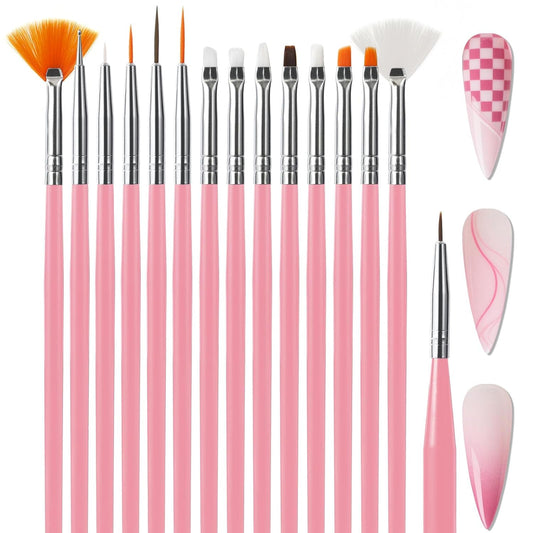 Artdone 15pcs Pink Nail Art Brushes, Nail Art Tool Set, Dotting Tools, Dust Brush,Striping Brushes for Long Lines, Drawing Pen For Gel Polish Design supply