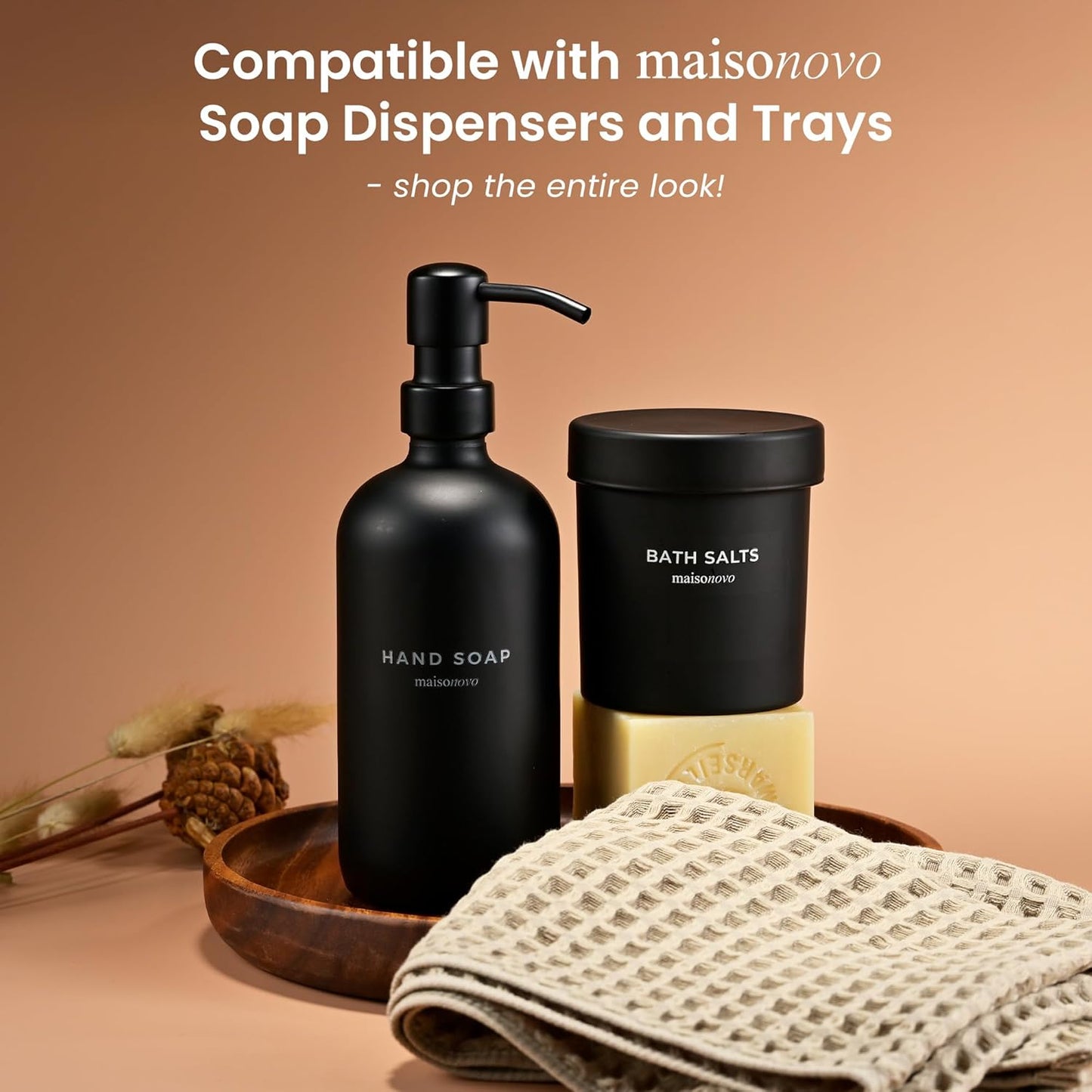 MaisoNovo Qtip Holder Bathroom Set – Airtight Glass Qtip Holder with Lid to Store Q Tips, Cotton Rounds, Cotton Balls, Floss Picks, Hair Ties with free labels pack - 2 Black Jars with Glass Lids