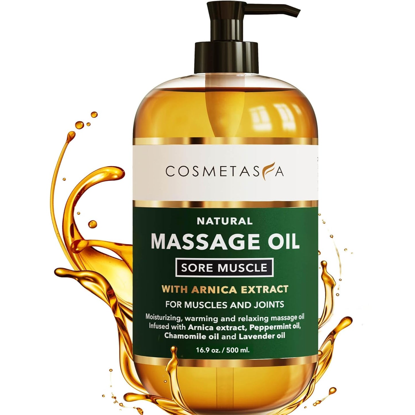 Cosmetasa Sore Muscle Massage Oil for Massage Therapy – All Natural, Cruelty-Free Full Body Massage Oils for Muscle Relaxing & Joint Comfort – Arnica Extract with Chamomile & Lavender Oil (16.9 oz)