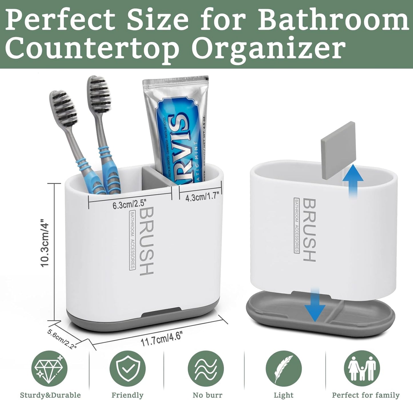 Chintu Toothbrush and Toothpaste Holder with Divider for Bathroom Countertop Organizer, Detachable for Easy Clean,Electric Toothbrush Holders Storage Caddy for Family (White/Gray)