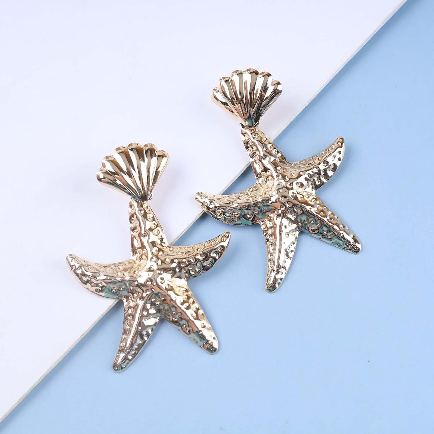 Vintage Starfish Dangle Earrings Starfish Drop Earrings Gold Metal Seashell Stud Earrings Hammered Starfish Earrings Jewelry for Women