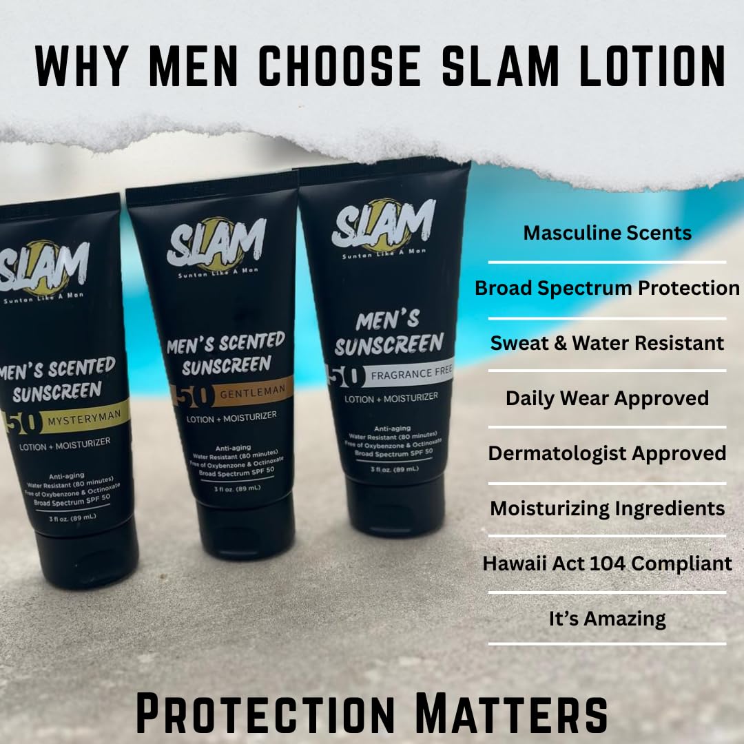 SLAM MysteryMan Men's Sunscreen Lotion SPF 50 & Moisturizer – Face & Body Sun block, Anti-Aging, Water-Resistant, Hawaii Act 104 Safe, Skincare for Men, Scented – 3 fl oz. Double pack.