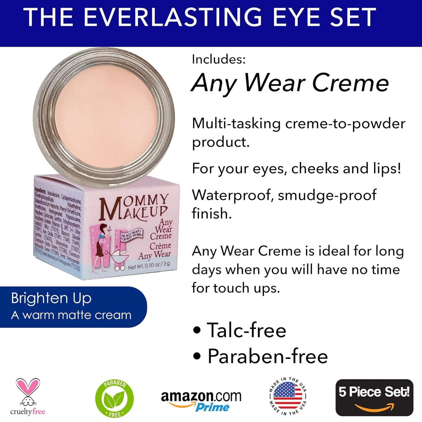 The Everlasting Eye 5 Piece Waterproof Makeup Set. Gel Eyeliner, Creme Eyeshadow, 2 brushes and Mesh Bag. Paraben-free, Talc-free, Cruelty-free. Brighten Up/Chocolate Kiss 2202