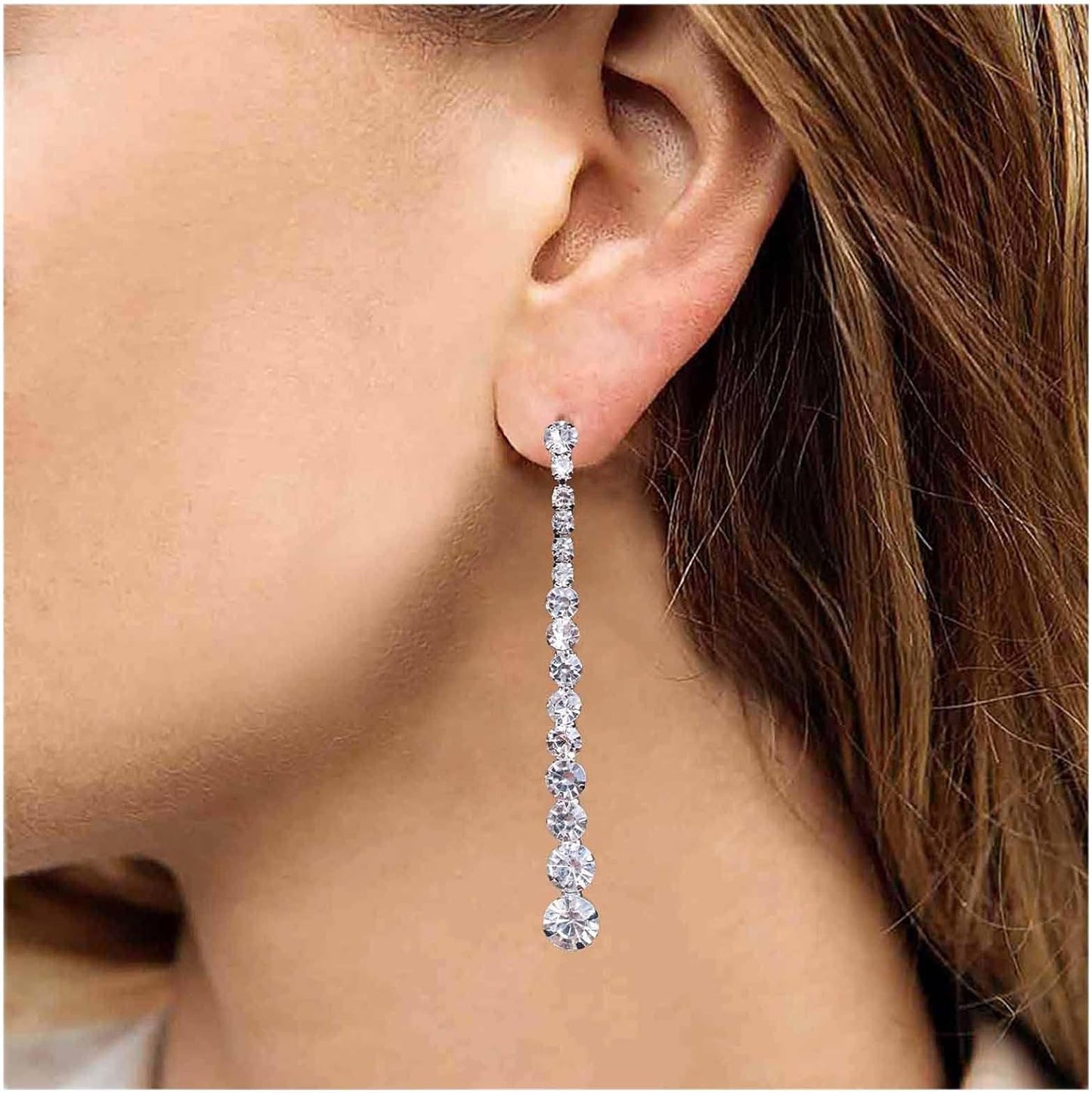 Vintage Rhinestone Chain Drop Earrings Silver Linear Crystal Earrings Sparkle Cz Tassel Earrings Long Cz Chain Stud Earrings Jewelry for Women and Girls