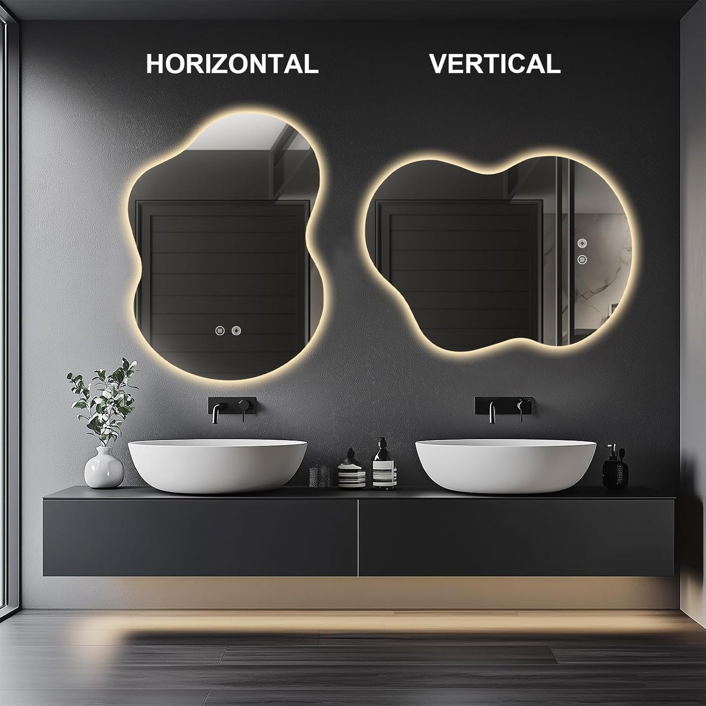30"x22" Irregular LED Bathroom Mirror with Front & Backlight, Anti-Fog, Dimmable, 3 Color Modes, Wall-Mounted [Horizontal/Vertical]